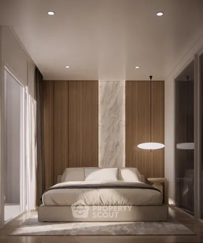 Luxurious modern bedroom with elegant lighting and wooden accents