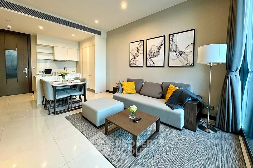 Modern open-layout living room with stylish decor and dining area