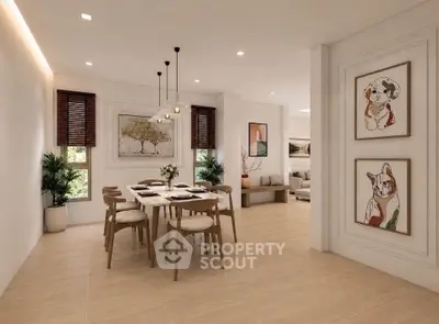 Elegant dining area with modern decor and natural light in a stylish open-plan apartment.