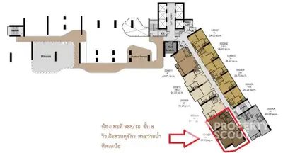 Detailed floor plan of modern condominium with highlighted unit and amenities.