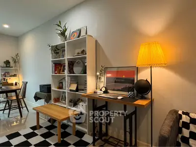Cozy living room with stylish decor and warm lighting