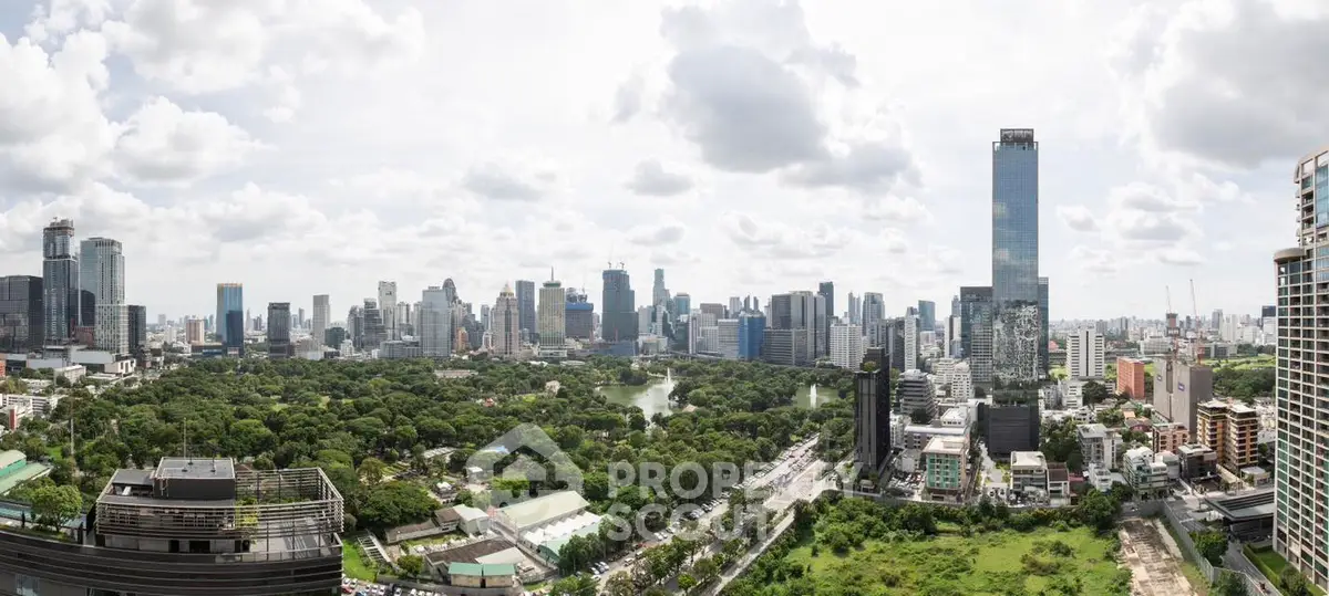 Stunning cityscape view with lush green park and modern skyscrapers under a cloudy sky.