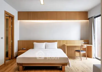 Modern minimalist bedroom with wooden accents and natural light