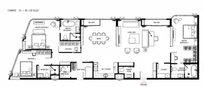Spacious condo floor plan with two bedrooms, two balconies, and modern amenities in prime location.