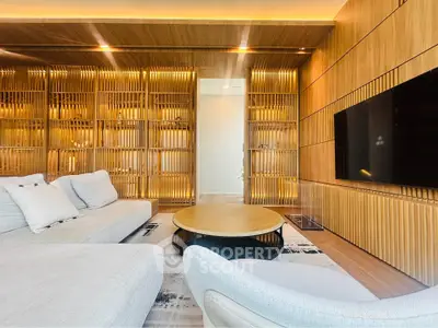 Luxurious modern living room with elegant wood paneling and sleek furniture