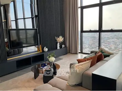 Luxurious modern living room with panoramic city view and stylish decor