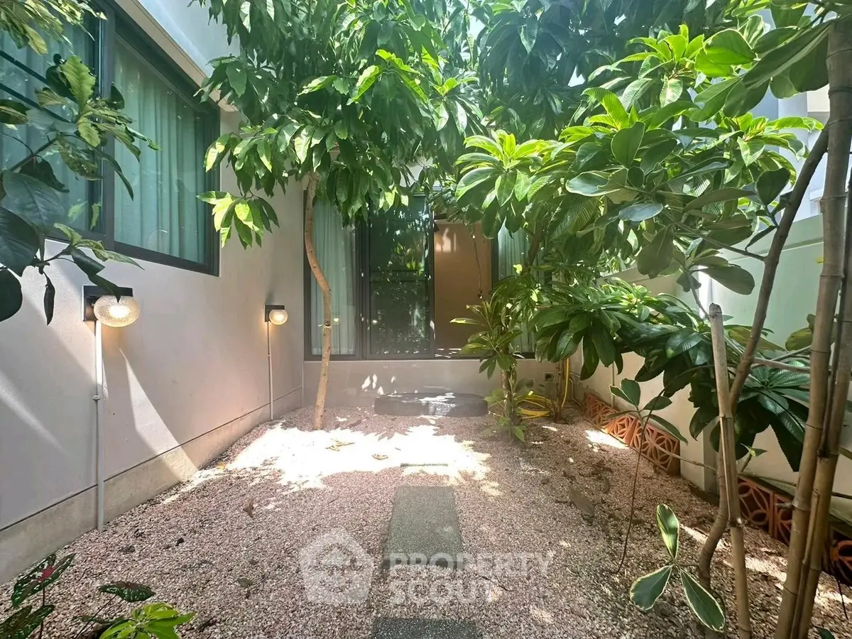 Charming garden area with lush greenery and ambient lighting in a modern property.