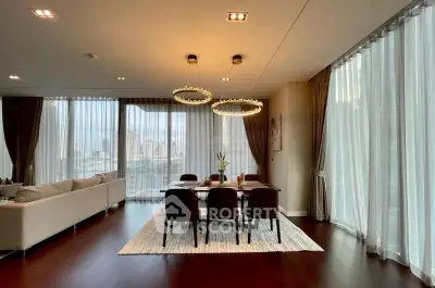 Luxurious modern living room with elegant dining area and stunning city view.