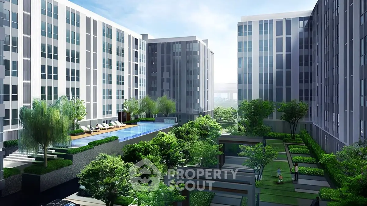 Modern apartment complex with lush gardens and a sleek swimming pool, offering a serene urban living experience.