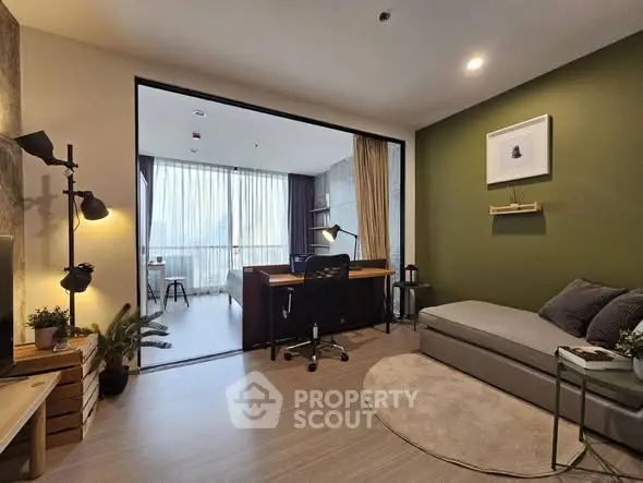 Modern living room with study area and stylish decor