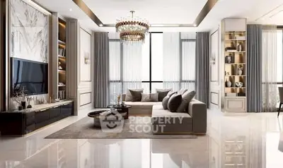 Luxurious modern living room with elegant chandelier and floor-to-ceiling windows