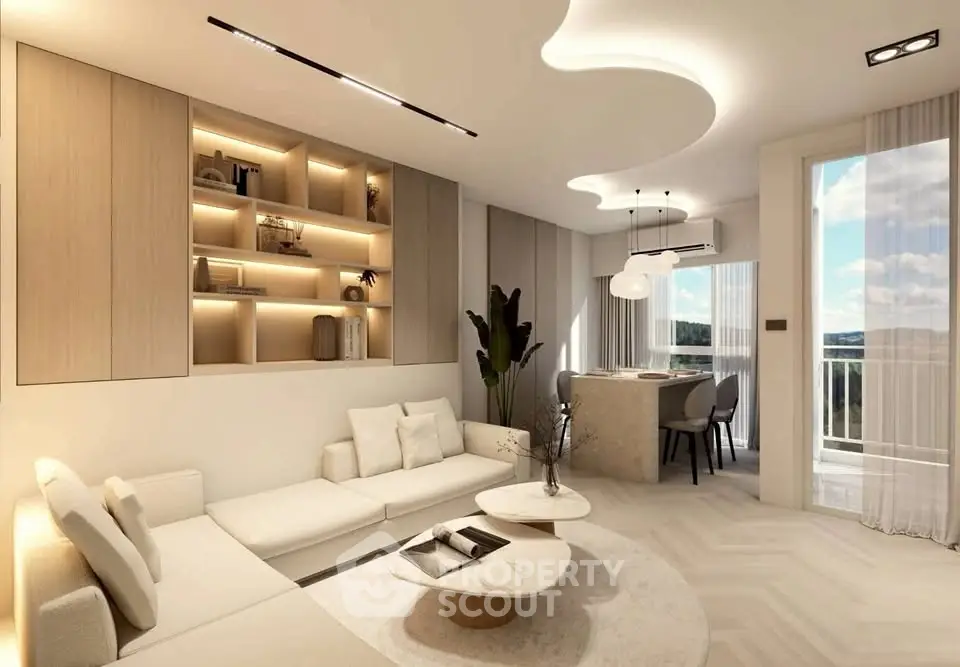 Luxurious modern living room with elegant lighting and open layout, featuring a stylish dining area and scenic balcony view.