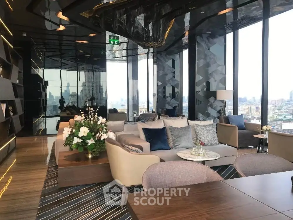 Luxurious modern living room with panoramic city views and elegant decor