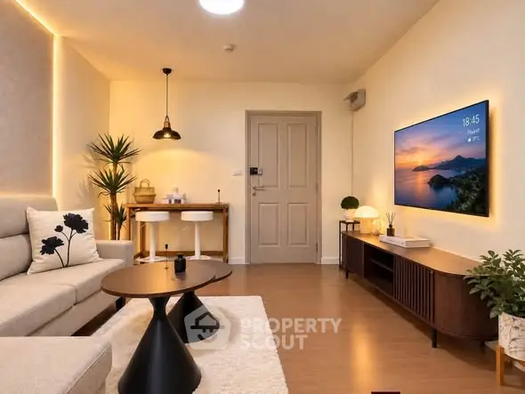 Modern living room with stylish decor, wall-mounted TV, and cozy seating area.