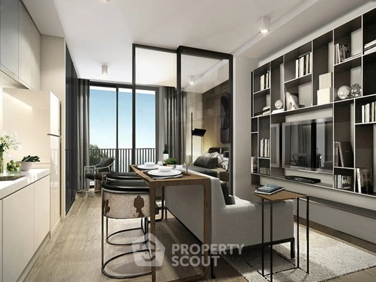 Modern open-plan living room with stylish decor and balcony view