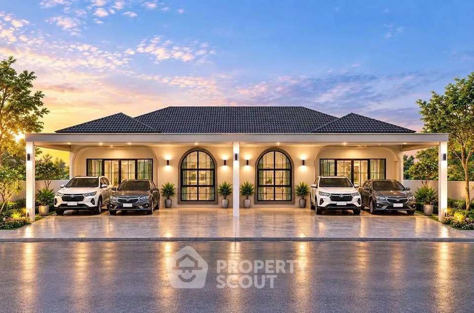 Stunning modern duplex with elegant facade and spacious parking at sunset.