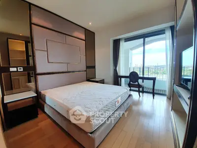 Luxurious bedroom with balcony and stunning view in modern apartment