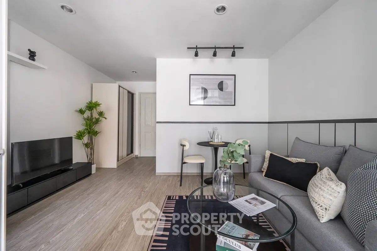 Modern living room with stylish decor and cozy seating area