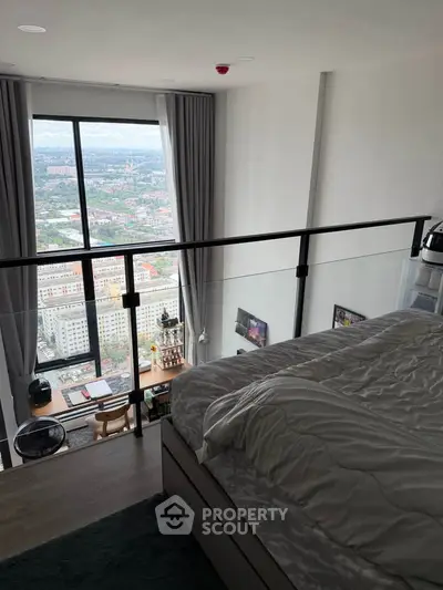 Modern loft bedroom with stunning city view and stylish interior design