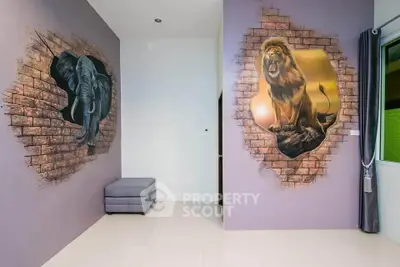Stylish interior with animal murals and modern decor in a unique living space.