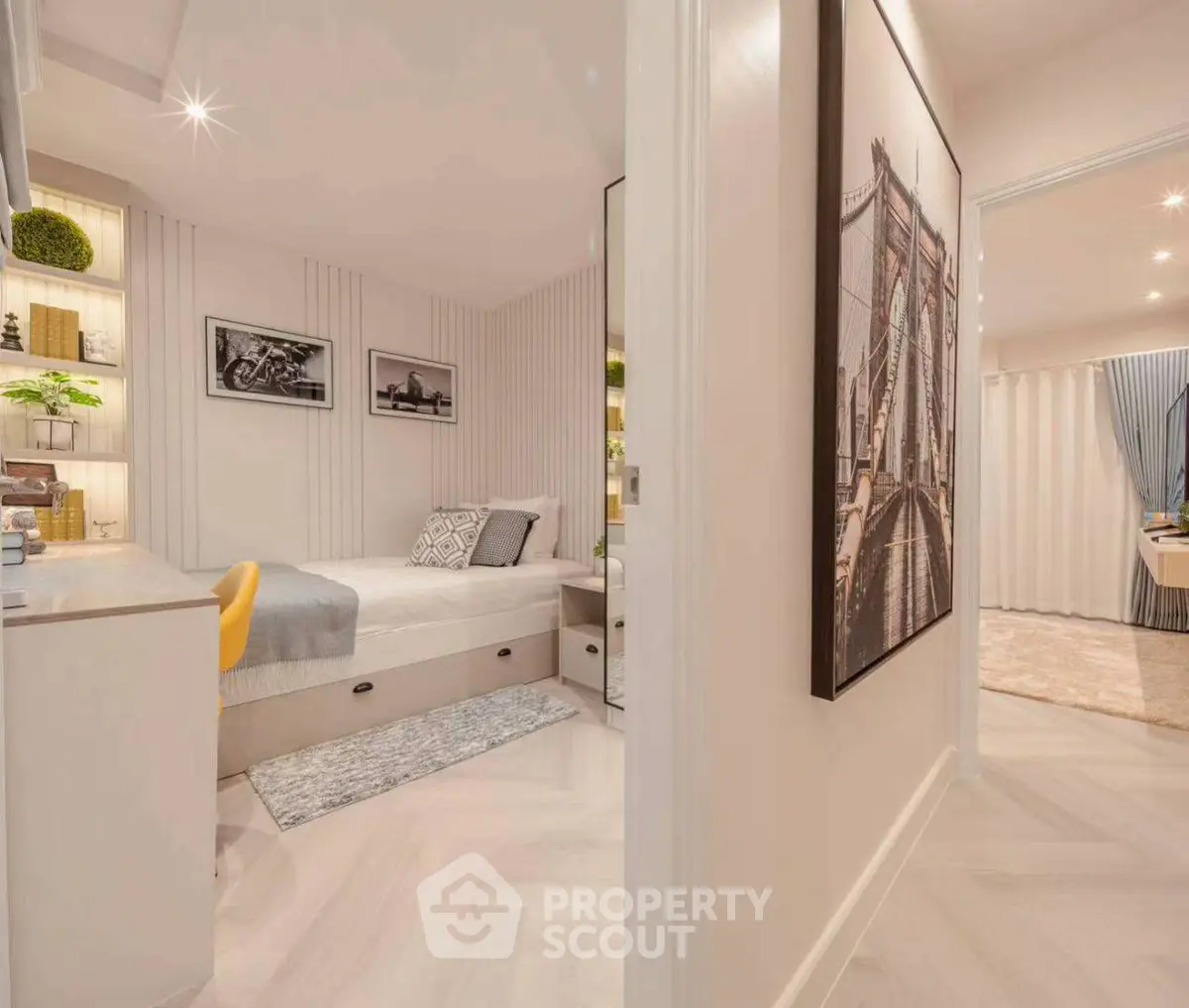 Modern bedroom with stylish decor and cozy ambiance