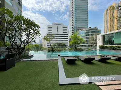 Luxurious rooftop pool with stunning city views and modern lounge chairs