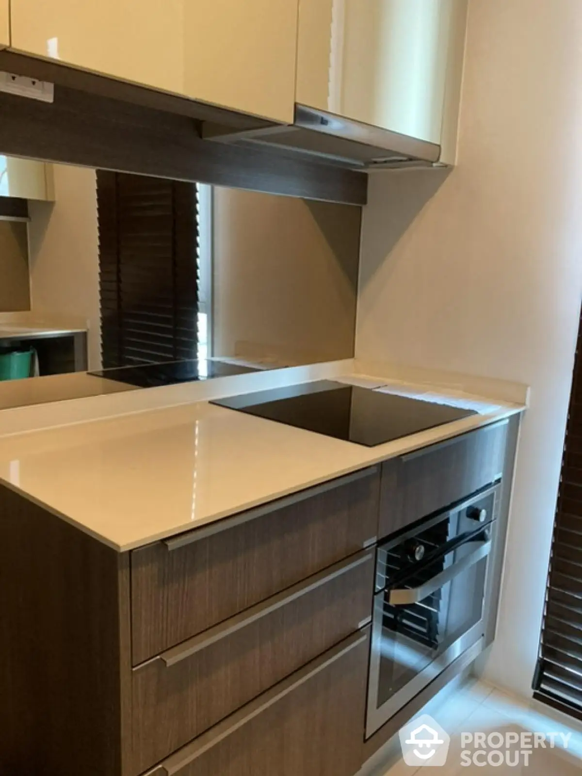 Modern kitchen with sleek cabinetry and built-in oven