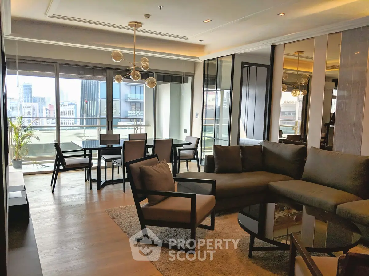 Luxurious modern living room with city view and elegant dining area