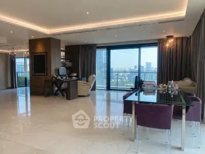 Spacious modern living room with city view and elegant furnishings
