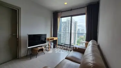 Modern living room with city view and stylish furniture