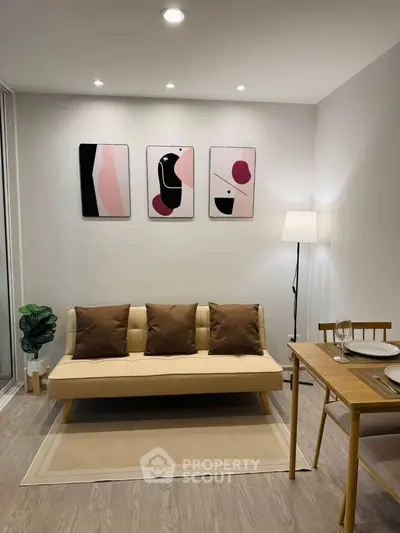 Modern living room with stylish decor and cozy seating area