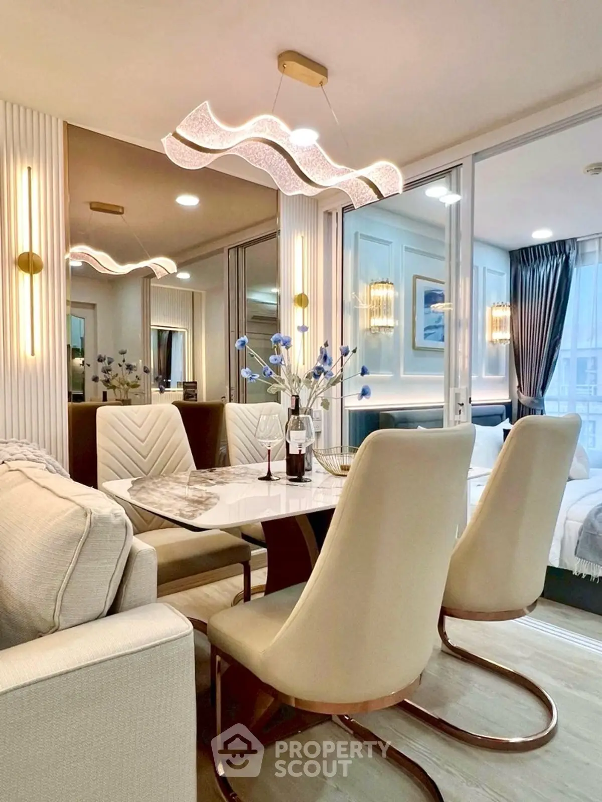 Luxurious modern dining area with elegant lighting and stylish decor