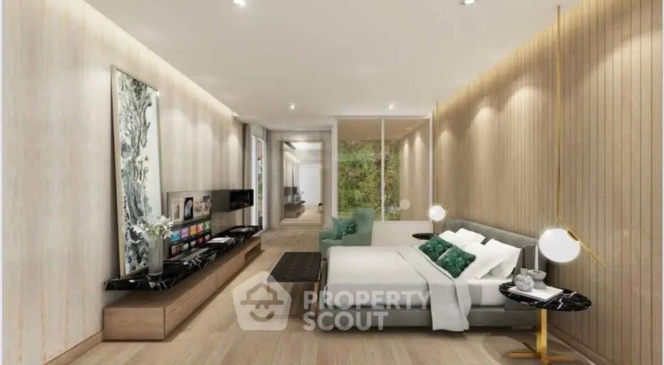 Luxurious modern bedroom with elegant decor and natural light, featuring a stylish TV unit and cozy seating area.