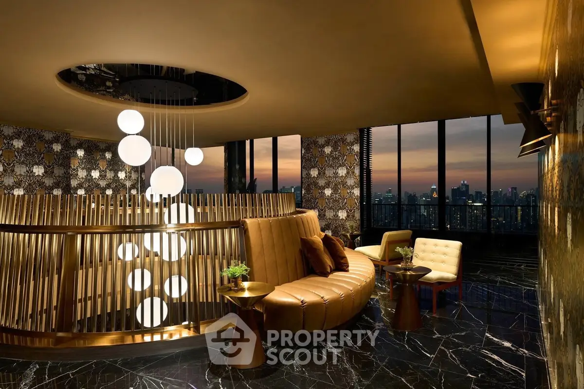 Luxurious high-rise lounge with panoramic city views and elegant decor
