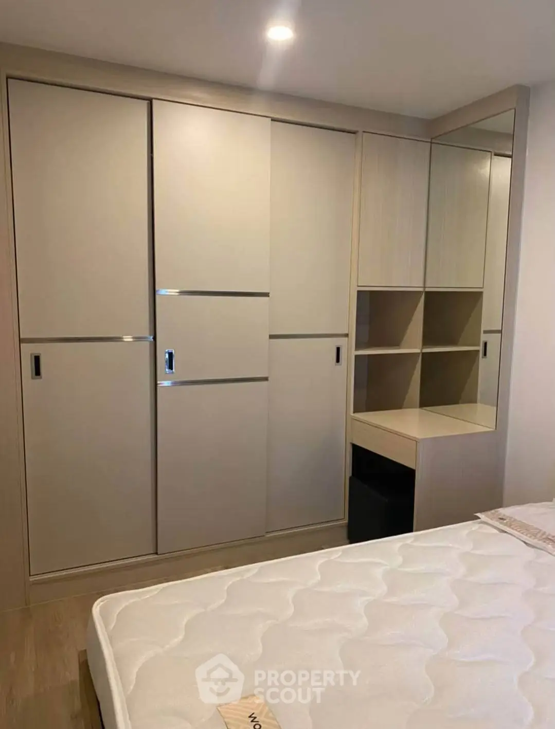 Modern bedroom with built-in wardrobe and cozy lighting