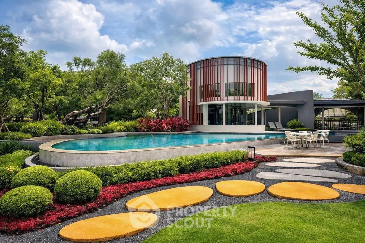 Luxurious modern home with stunning pool and landscaped garden, perfect for relaxation and entertainment.