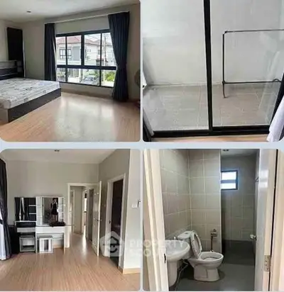 Spacious bedroom with large window, modern bathroom, and stylish hallway in a contemporary home.