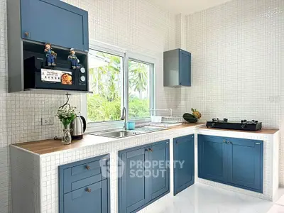 Modern kitchen with blue cabinets and gas stove, featuring a scenic window view.