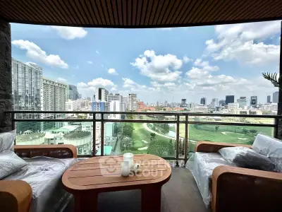 Luxurious balcony with stunning city and golf course views, perfect for relaxation and entertainment.