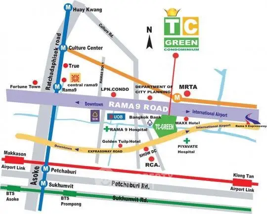 Map showing location of TC Green Condominium near Rama 9 Road with nearby amenities and transport links.