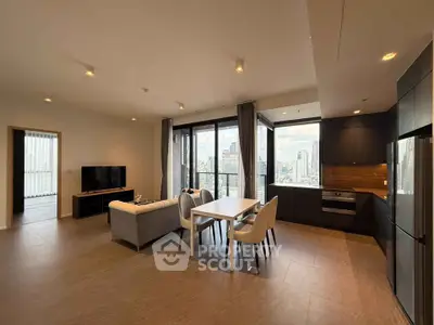 Spacious modern living room with city view, open kitchen, and elegant dining area in luxury apartment.