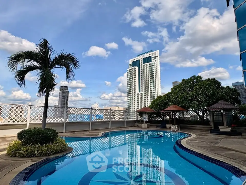 Luxurious rooftop pool with stunning city skyline views and lush greenery, perfect for relaxation and leisure.