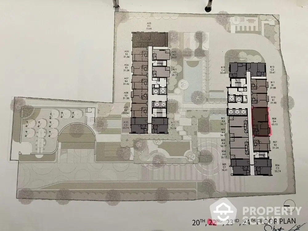 Detailed floor plan of a modern residential building complex with multiple units and amenities.