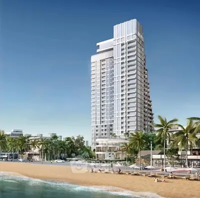 Luxurious beachfront high-rise building with stunning ocean views and palm-lined promenade.