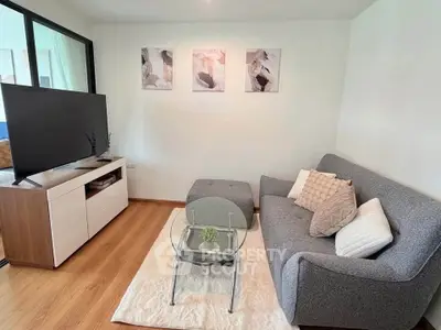 Cozy modern living room with stylish gray sofa and sleek TV setup