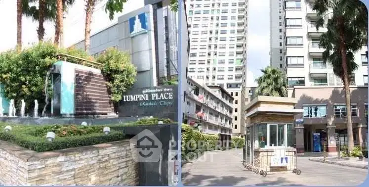 Modern condominium entrance with lush landscaping and high-rise building view.