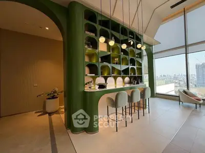 Luxurious modern living room with stylish green shelving and panoramic city view.
