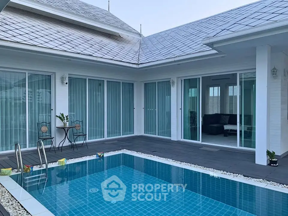 Luxurious modern home with private pool and spacious patio, perfect for relaxation and entertainment.