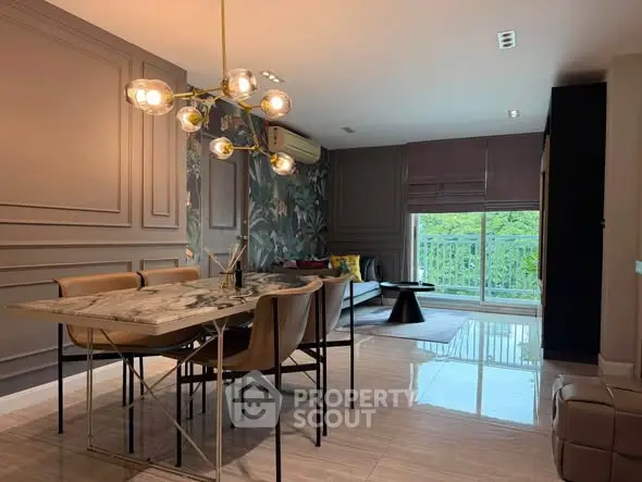 Stylish modern living room with elegant dining area and large window view.