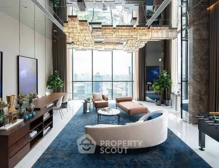 Luxurious modern living room with panoramic city view and elegant decor